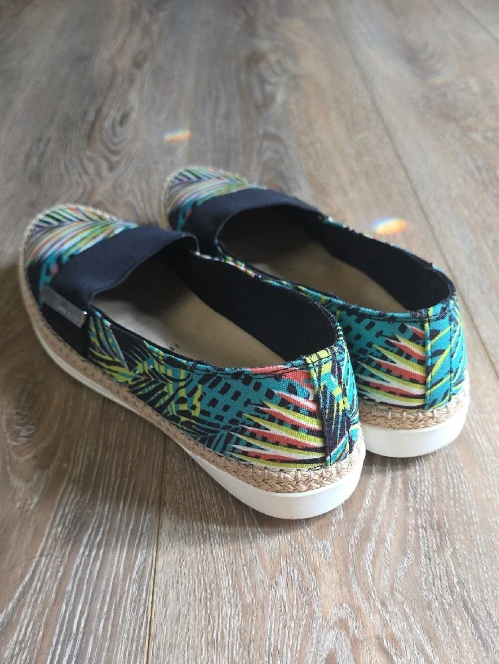 Anne Klein Black Elastic Multicolor Palm Print Espadrilles Sz 10